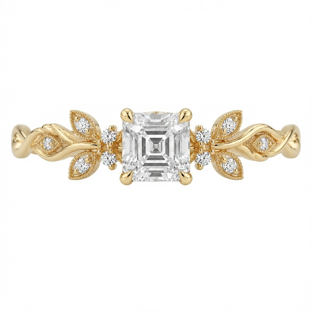 2.50 CT Asscher Cut Lab-Grown Diamond Engagement Ring in 14K White Gold – Nature Inspired Round Brilliant Side Stone Design | IGI Certified