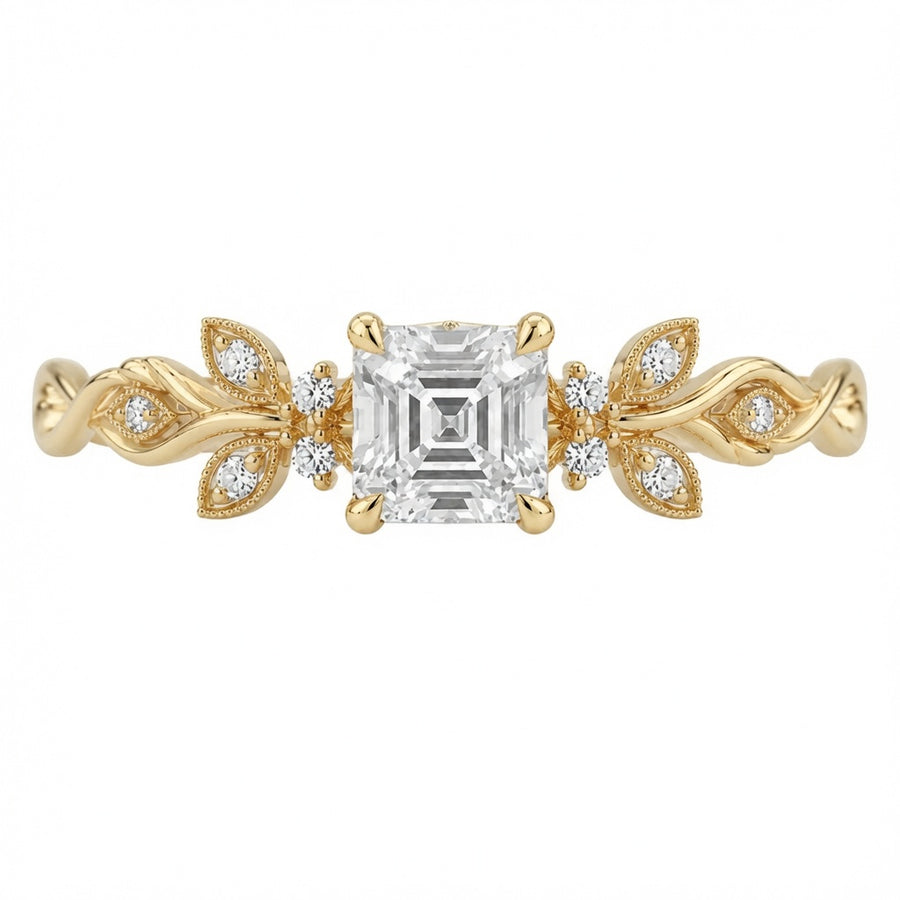 2.50 CT Asscher Cut Lab-Grown Diamond Engagement Ring in 14K White Gold – Nature Inspired Round Brilliant Side Stone Design | IGI Certified
