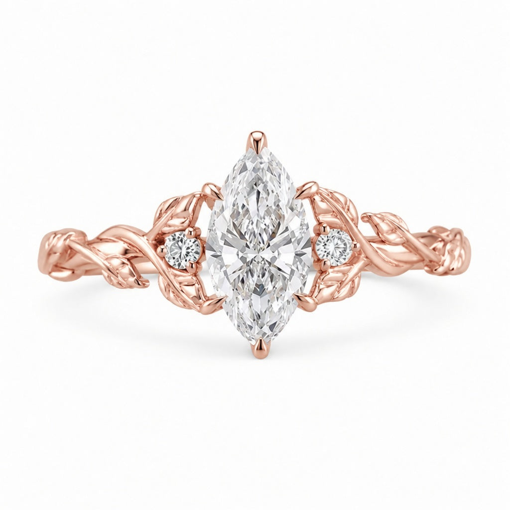 1.00 CT Marquise Lab-Grown Diamond Engagement Ring in 14K White Gold – Engraved Leaf Design Promise Ring