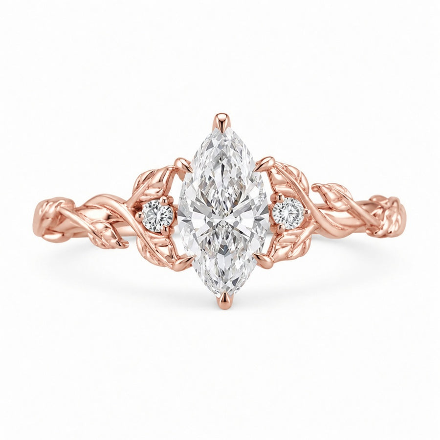 1.00 CT Marquise Lab-Grown Diamond Engagement Ring in 14K White Gold – Engraved Leaf Design Promise Ring