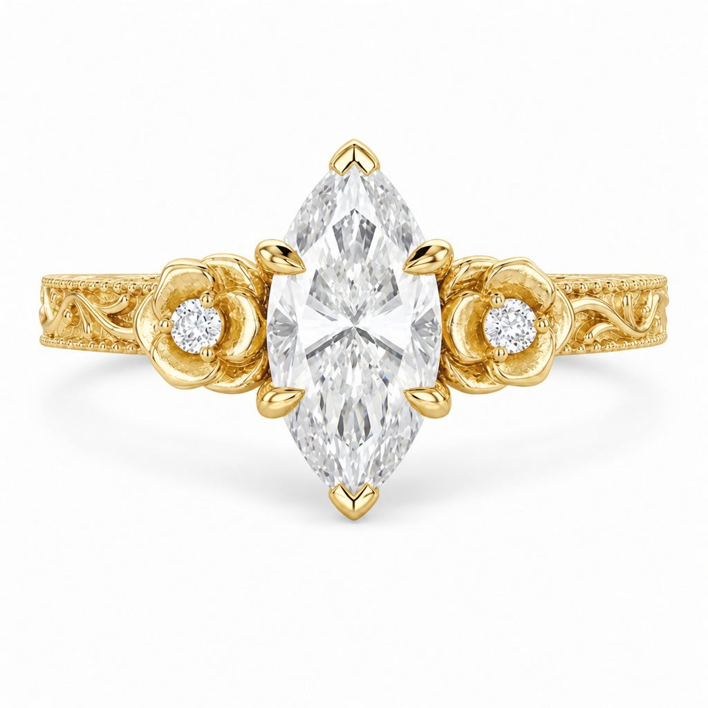 3.00 CT Vintage Marquise Cut Lab-Grown Diamond Engagement Ring in 14K White Gold – Milgrain Filigree Floral Vine Design
