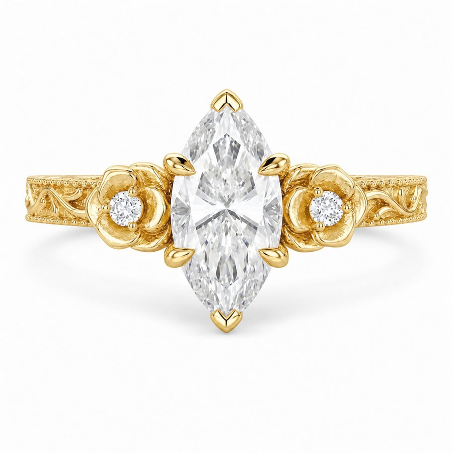 3.00 CT Vintage Marquise Cut Lab-Grown Diamond Engagement Ring in 14K White Gold – Milgrain Filigree Floral Vine Design