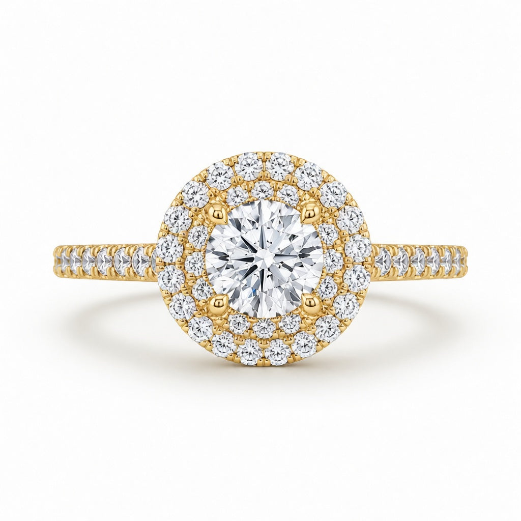 1.82 CT Round Brilliant Lab-Grown Diamond Double Halo Engagement Ring in 14K White Gold – Diamond Shank Design