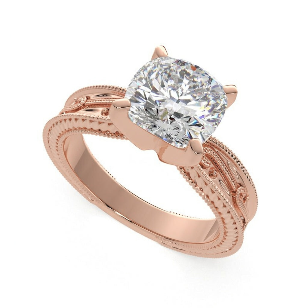 Sabrina 1 Carat Cushion Cut Solitaire Hand Engraved Milgrain Engagement Ring