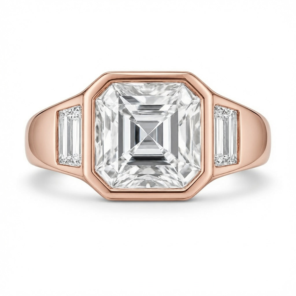 2.50 CT Asscher Cut Lab-Grown Diamond Three Stone Engagement Ring in 14K White Gold – Cushion & Baguette Side Stone Bridal Design