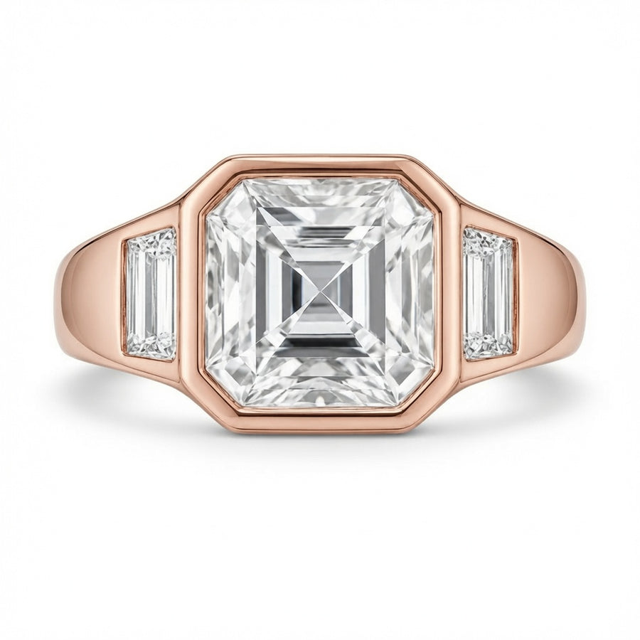 2.50 CT Asscher Cut Lab-Grown Diamond Three Stone Engagement Ring in 14K White Gold – Cushion & Baguette Side Stone Bridal Design