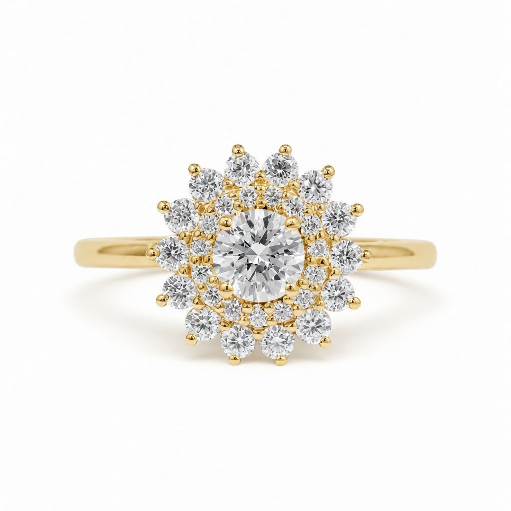 2.50 CT Round Cut Lab-Grown Diamond Double Halo Engagement Ring in 14K White Gold – Vintage Art Deco Starburst Design