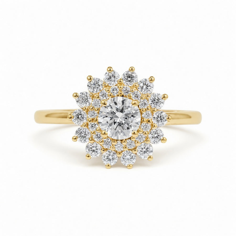 2.50 CT Round Cut Lab-Grown Diamond Double Halo Engagement Ring in 14K White Gold – Vintage Art Deco Starburst Design