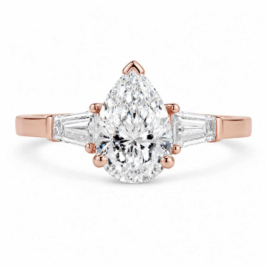 2.00 CT Pear Shaped Lab-Grown Diamond Three-Stone Engagement Ring in 14K White Gold – Tapered Baguette Design