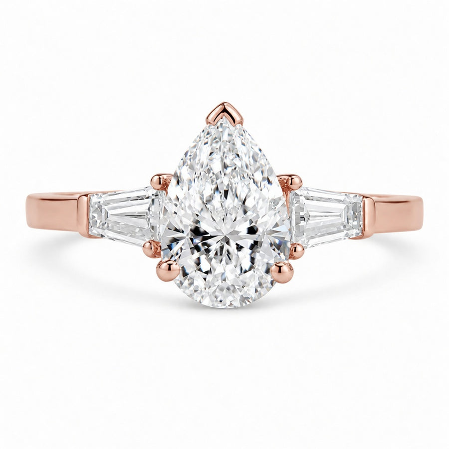 2.00 CT Pear Shaped Lab-Grown Diamond Three-Stone Engagement Ring in 14K White Gold – Tapered Baguette Design