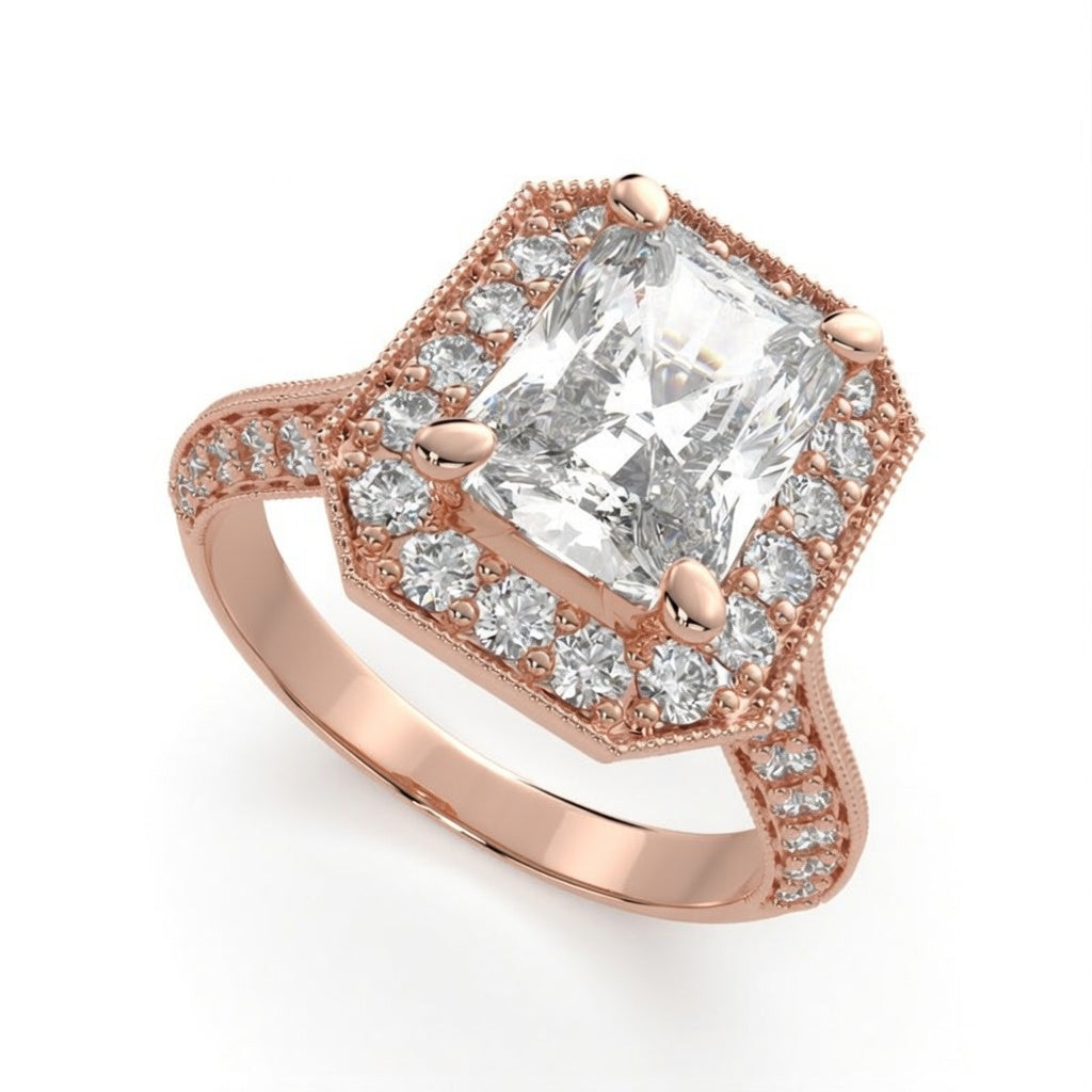 Beatrice 1.45 Carat Radiant Cut Halo Pave Knife Edge Milgrain Engagement Ring
