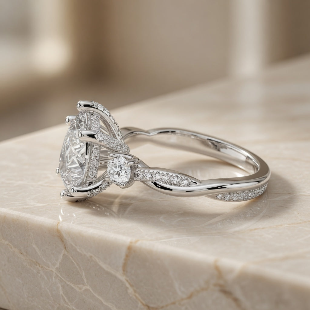 3.00 CT Pear Lab-Grown Diamond Hidden Halo Three Stone Engagement Ring in 14K White Gold – Petite Twisted Vine Design