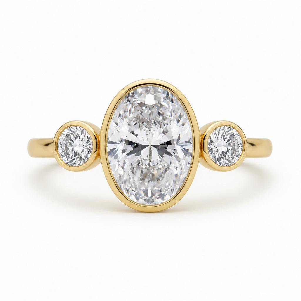 2.00 CT Oval Cut Lab-Grown Diamond Three-Stone Engagement Ring in 14K White Gold – Bezel Set Trilogy Design