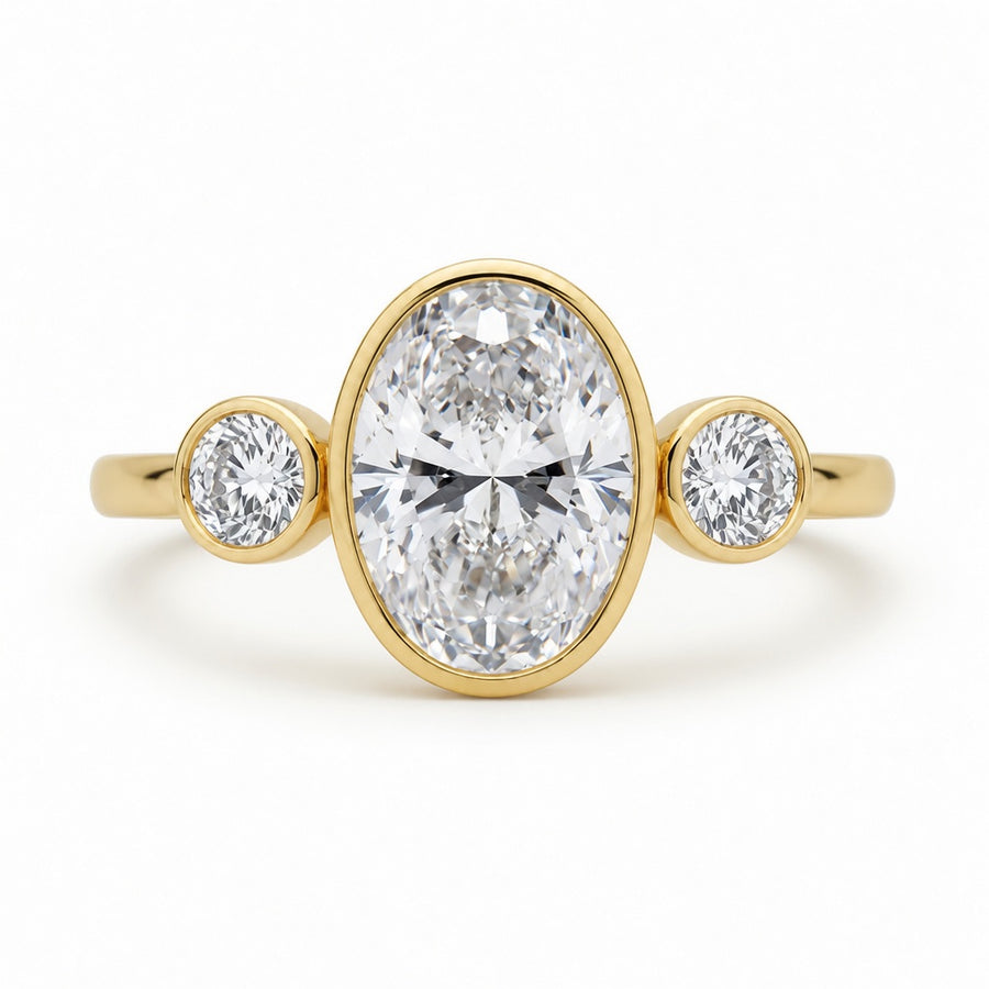 2.00 CT Oval Cut Lab-Grown Diamond Three-Stone Engagement Ring in 14K White Gold – Bezel Set Trilogy Design