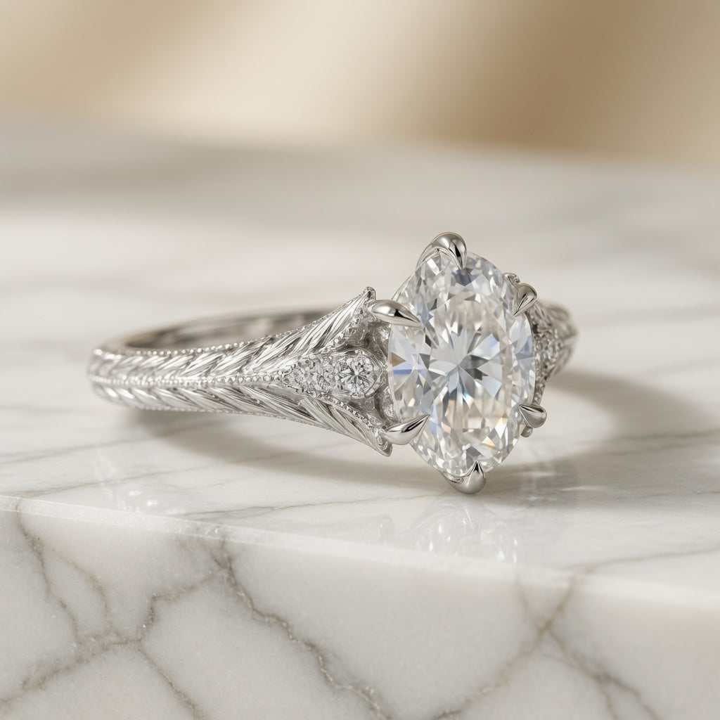 5.00 CT Oval Lab-Grown Diamond Engagement Ring in 14K White Gold – Hand-Engraved Wheat Leaf Design