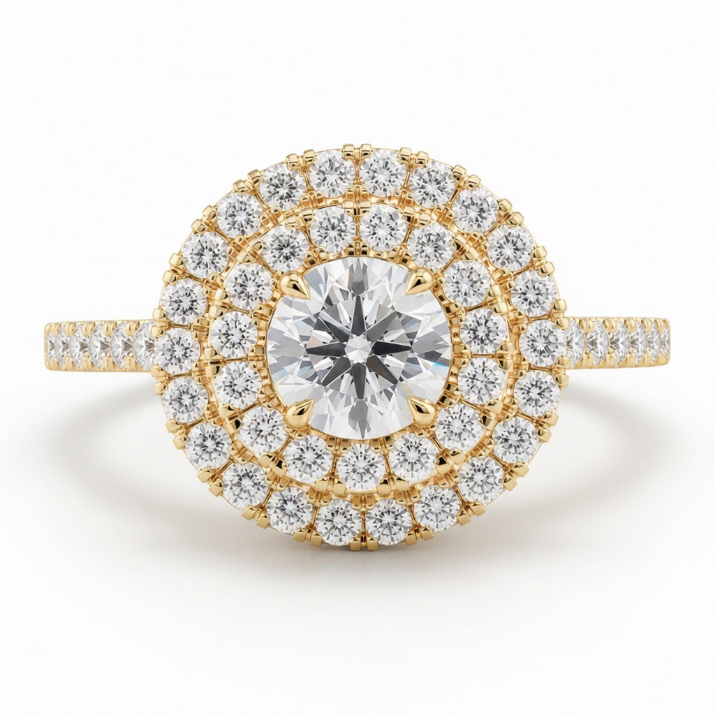1.37 CT Round Hearts & Arrows Lab-Grown Diamond Double Halo Engagement Ring in 14K White Gold – Handmade Anniversary Design