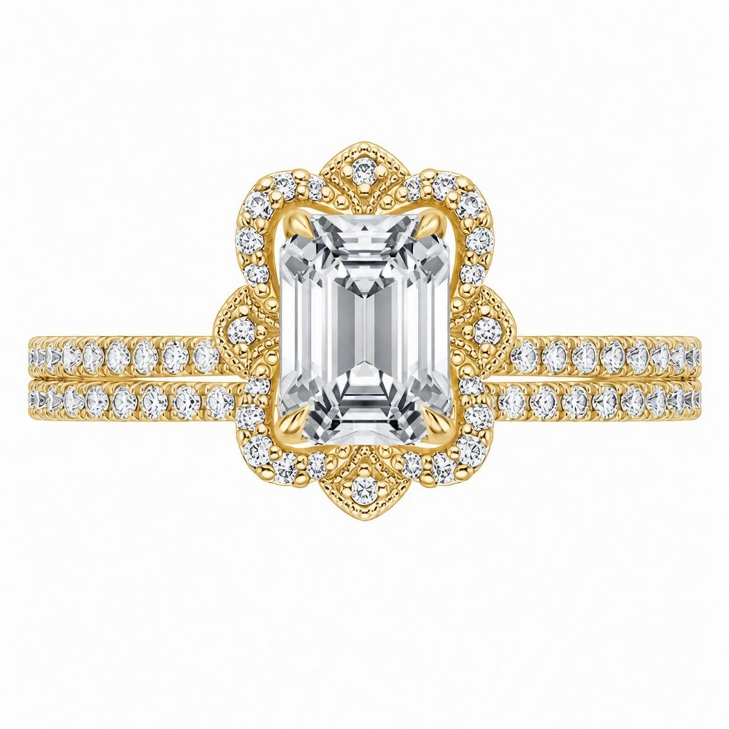 12.90 CT Reina Emerald Cut Lab-Grown Diamond 2PCS Halo Bridal Set in 14K White Gold – Luxe Ballad Matching Wedding Ring Design