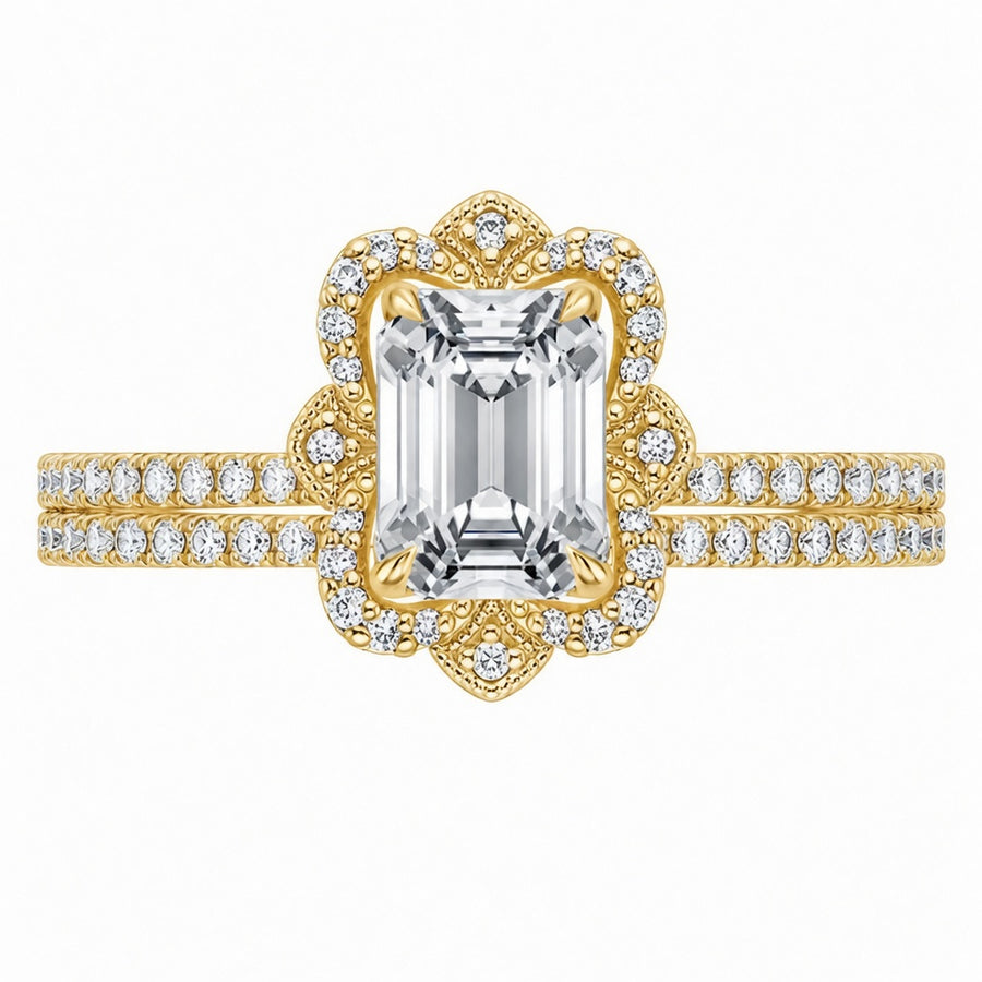 12.90 CT Reina Emerald Cut Lab-Grown Diamond 2PCS Halo Bridal Set in 14K White Gold – Luxe Ballad Matching Wedding Ring Design