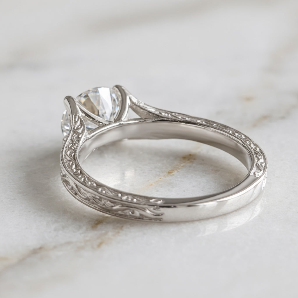 1.50 CT Vintage East West Oval Lab-Grown Diamond Engagement Ring in 14K White Gold – Custom Filigree Engraved Claw Prong Design