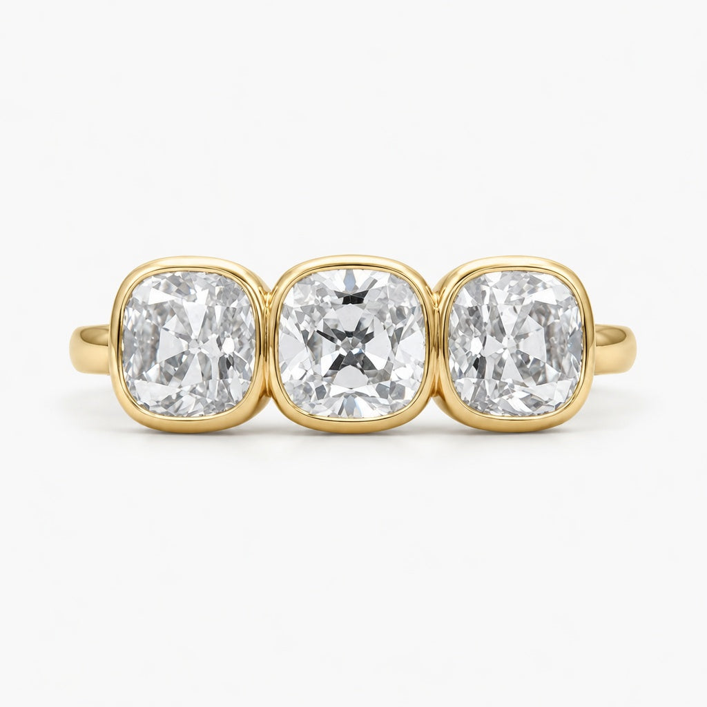 2.00 CT Old European Cushion Cut Lab-Grown Diamond Three-Stone Engagement Ring in 14K White Gold – Handmade Vintage Wedding Design
