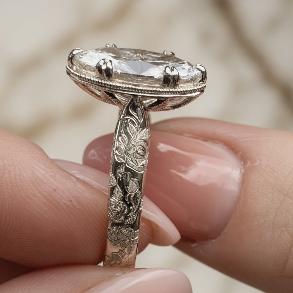 1.00 CT Emerald Cut Lab-Grown Diamond Engagement Ring in 14K White Gold – Vintage Floral Engraved Milgrain Design
