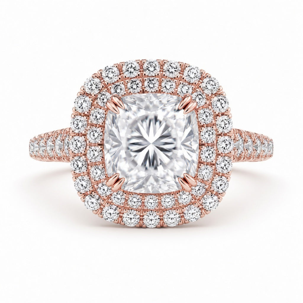2.15 CT Cushion Cut Lab-Grown Diamond Double Halo Engagement Ring in 14K White Gold – Split Shank Pavé Bridal Design