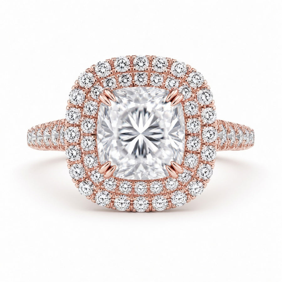2.15 CT Cushion Cut Lab-Grown Diamond Double Halo Engagement Ring in 14K White Gold – Split Shank Pavé Bridal Design