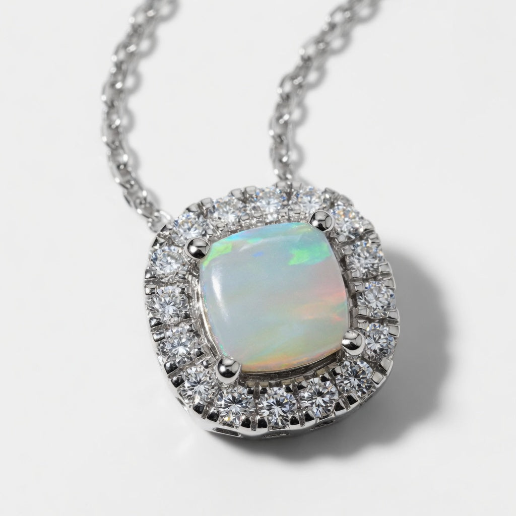 1.00 CTW Cushion Cut Created Opal and Round Lab-Grown Diamond Halo Pendant with Adjustable Chain (D–F / VS1–VS2)