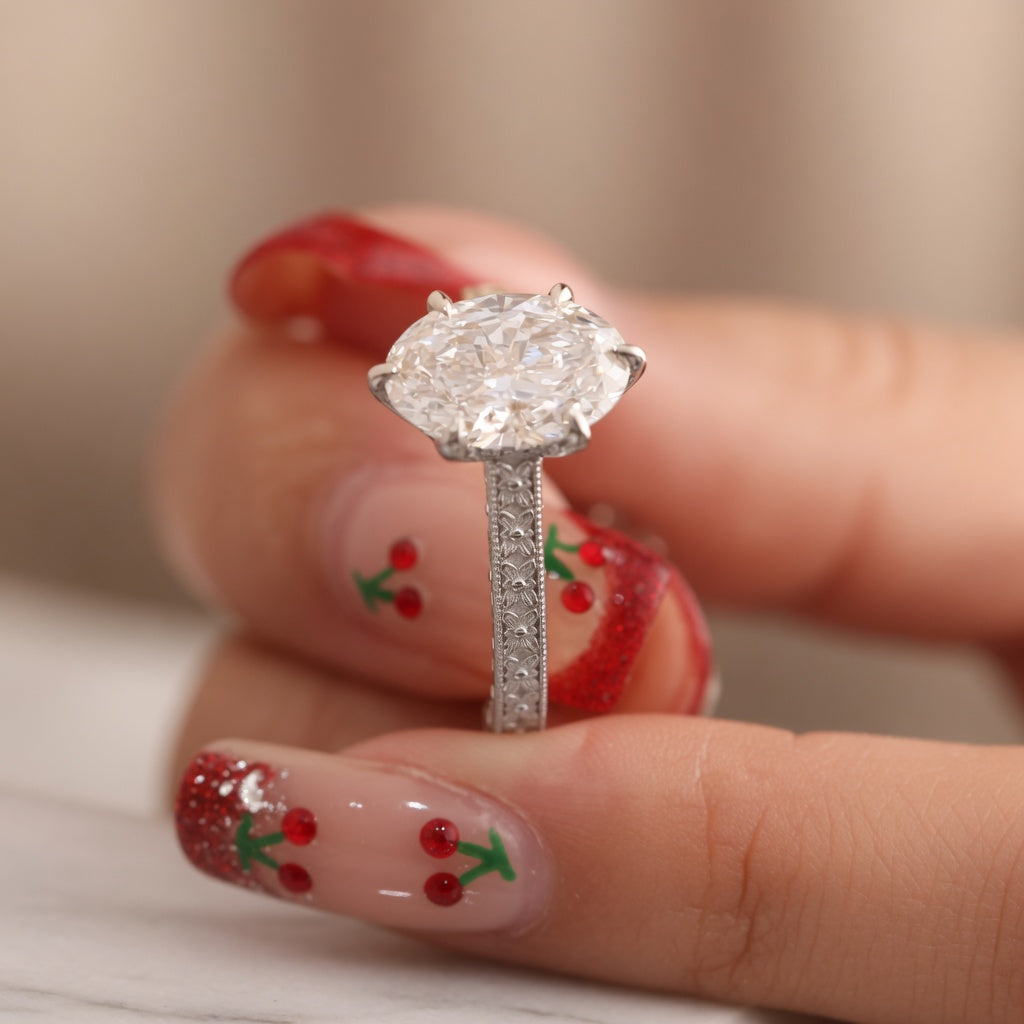 2.50 CT Oval Lab-Grown Diamond Engagement Ring in 14K White Gold – Vintage Floral Cluster Design with Marquise Side Stones