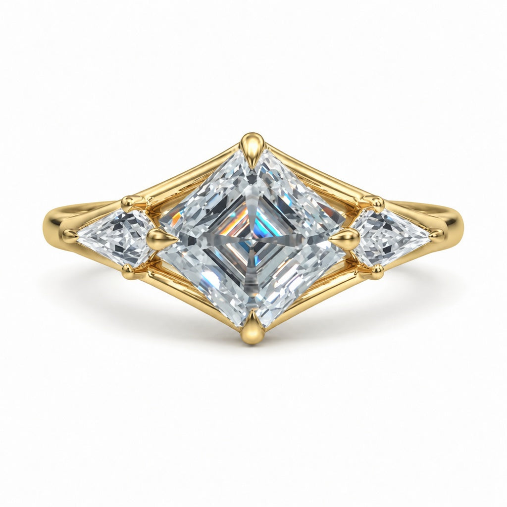 3.00 CT Asscher Cut Lab-Grown Diamond Three Stone Engagement Ring in 14K White Gold – Split Shank Kite Side Stone Design