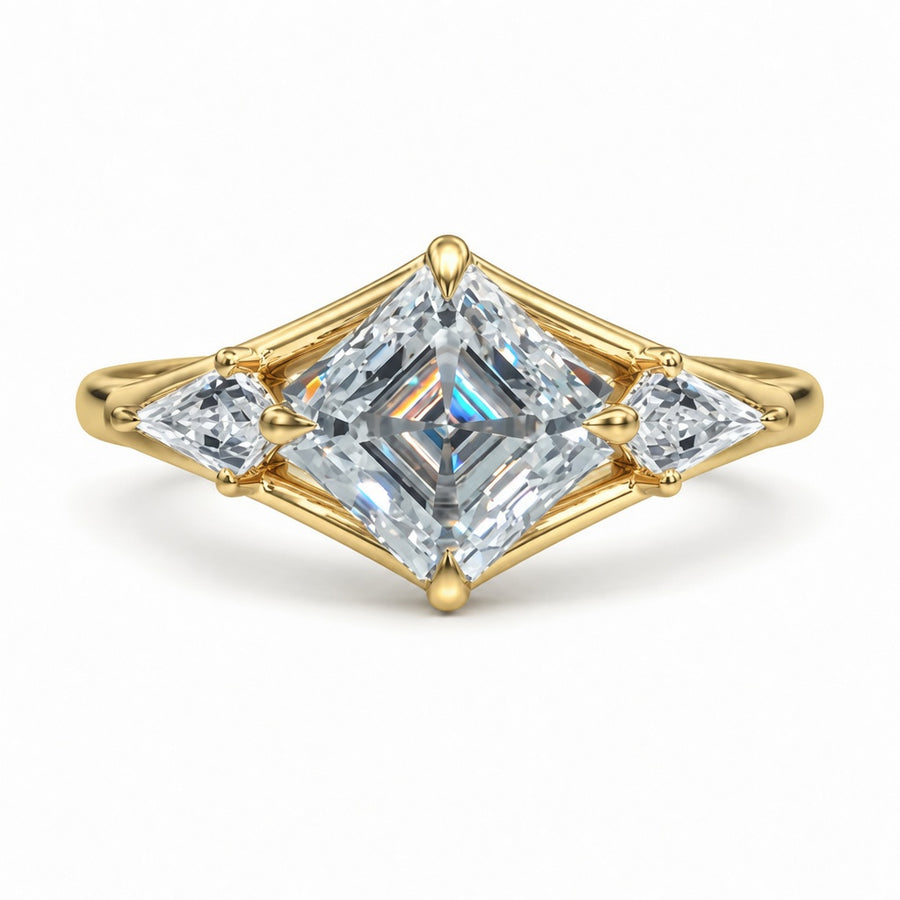 3.00 CT Asscher Cut Lab-Grown Diamond Three Stone Engagement Ring in 14K White Gold – Split Shank Kite Side Stone Design