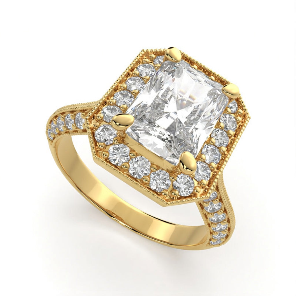 Beatrice 3.45 Carat Radiant Cut Halo Pave Knife Edge Milgrain Engagement Ring