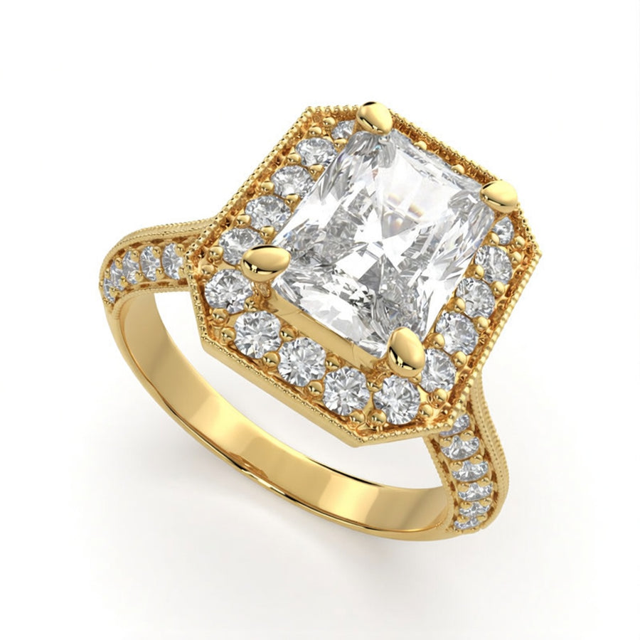 Beatrice 3.45 Carat Radiant Cut Halo Pave Knife Edge Milgrain Engagement Ring