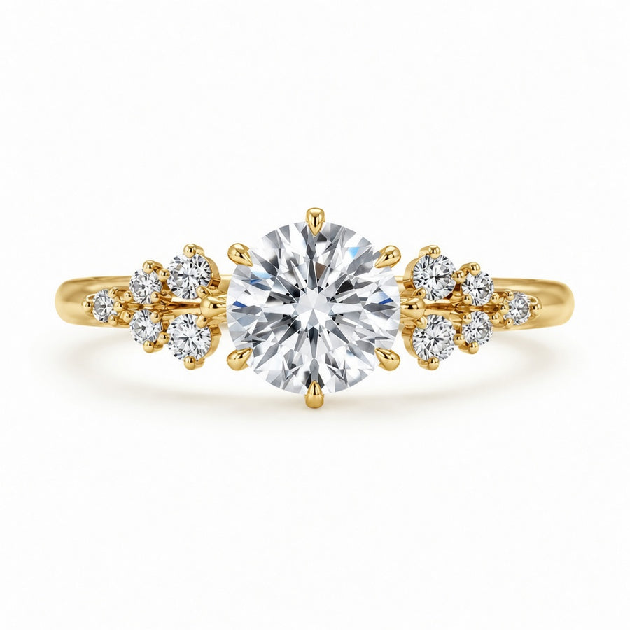 2.00 CT Round Cut Lab-Grown Diamond Three-Stone Engagement Ring in 14K White Gold – Cluster Side Stone Bridal Design
