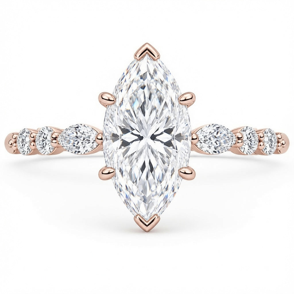 2.00 CT Marquise Lab-Grown Diamond Hidden Halo Engagement Ring in 14K White Gold – Round Accent Promise Ring Design