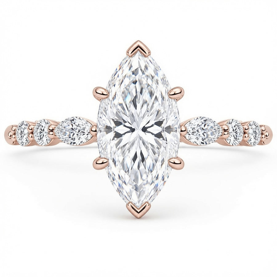 2.00 CT Marquise Lab-Grown Diamond Hidden Halo Engagement Ring in 14K White Gold – Round Accent Promise Ring Design