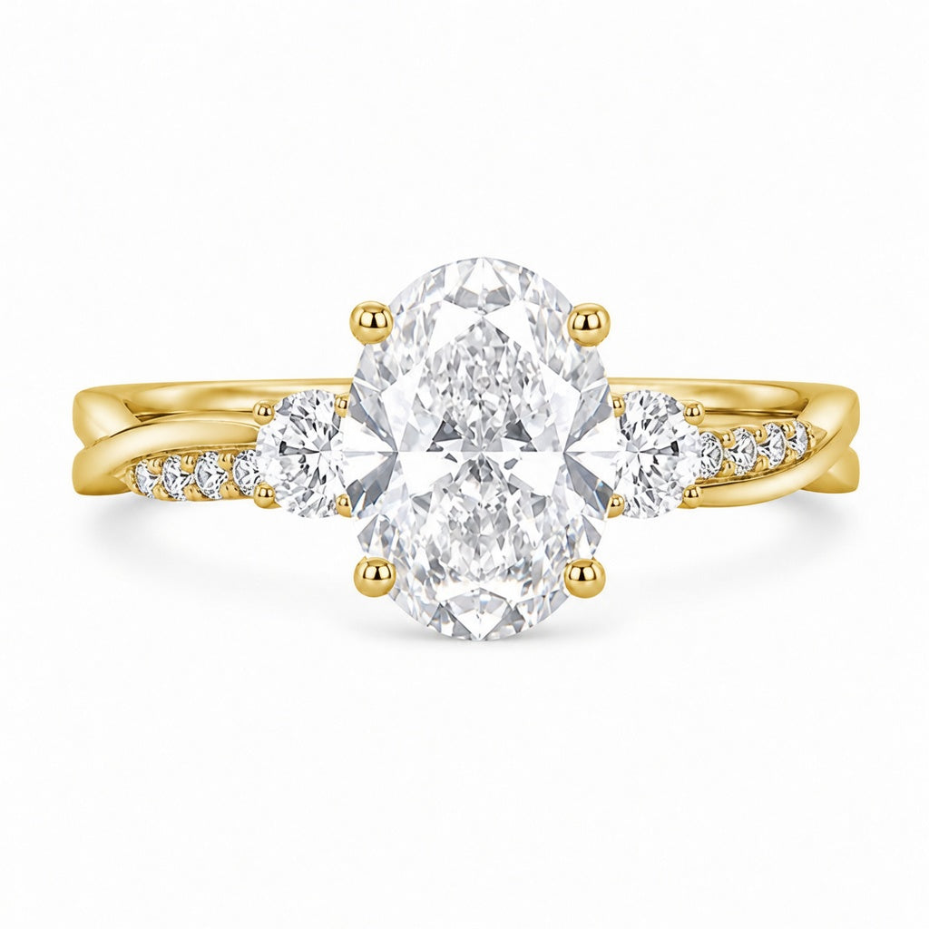1.50 CT Oval Cut Lab-Grown Diamond Three-Stone Engagement Ring in 14K White Gold – Twisted Band Wedding Design