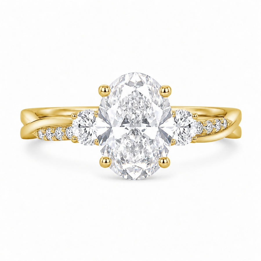 1.50 CT Oval Cut Lab-Grown Diamond Three-Stone Engagement Ring in 14K White Gold – Twisted Band Wedding Design
