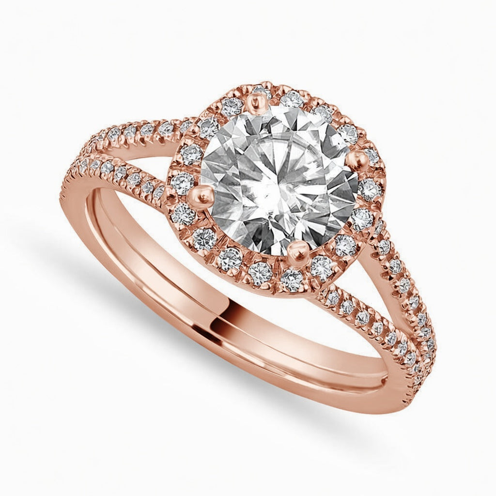 Alice 1.42 ct Lab Grown Round Cut Halo Split Shank Diamond Engagement Ring