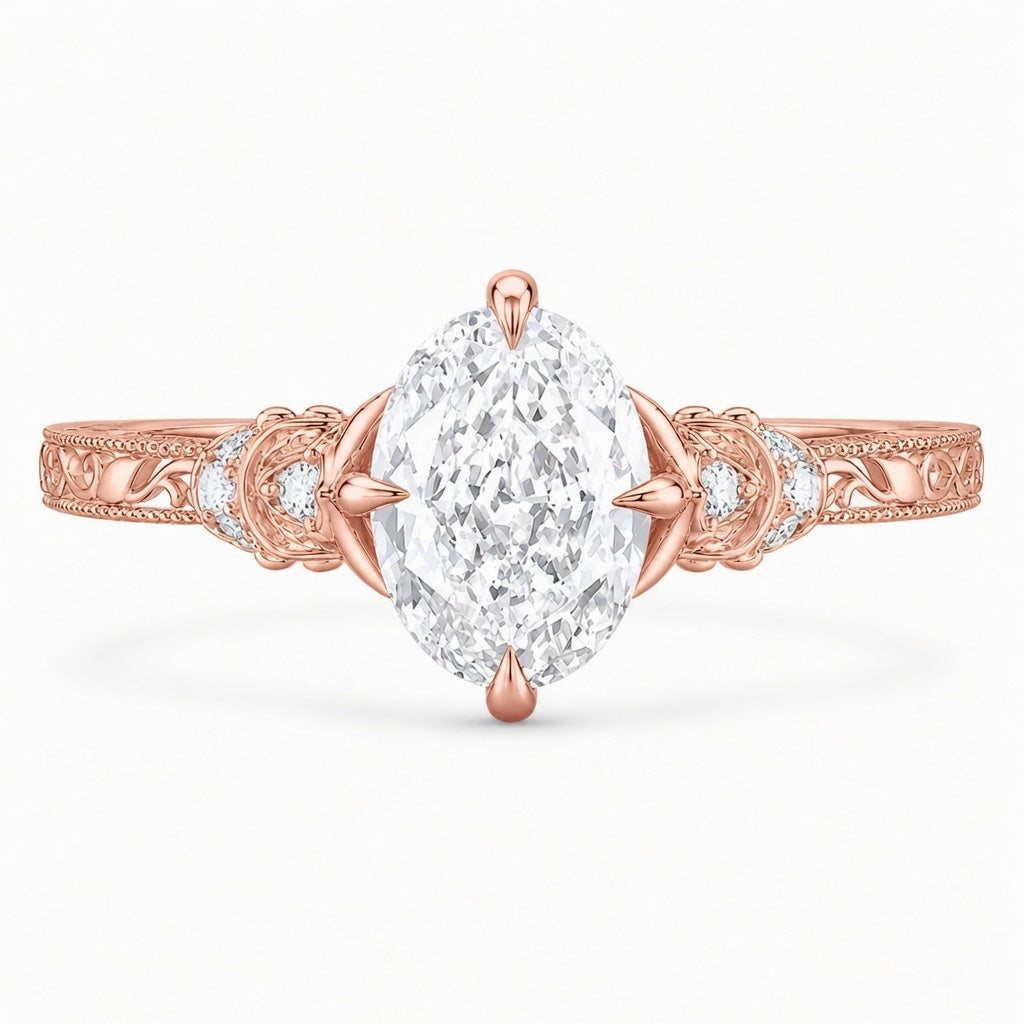 3.50 CT Vintage Oval Cut Lab-Grown Diamond Engagement Ring in 14K White Gold – Nature Inspired Engraved Filigree Tulip Design