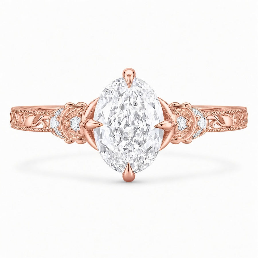 3.50 CT Vintage Oval Cut Lab-Grown Diamond Engagement Ring in 14K White Gold – Nature Inspired Engraved Filigree Tulip Design