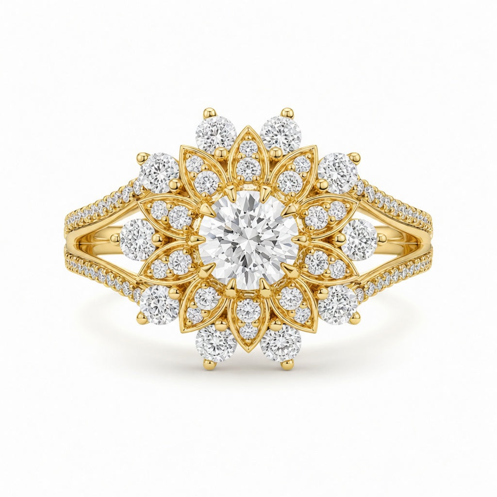 2.45 CT Flower Cluster Lab-Grown Diamond Double Halo Engagement Ring in 14K White Gold – Art Deco Sunburst Floral Design