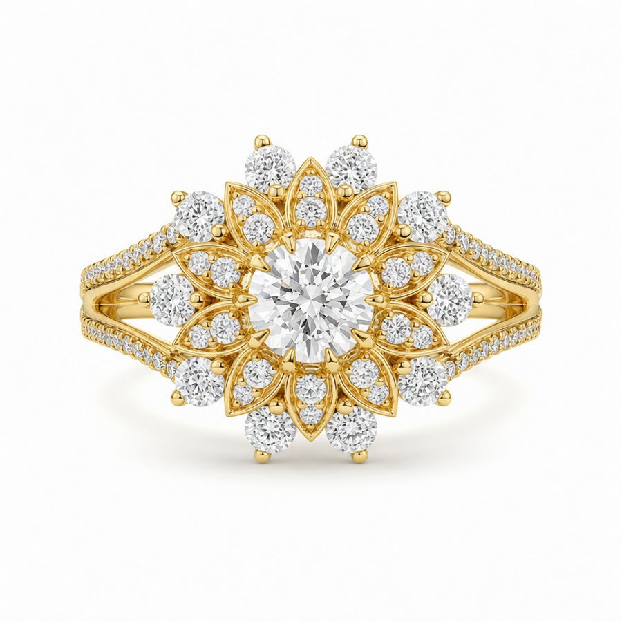 2.45 CT Flower Cluster Lab-Grown Diamond Double Halo Engagement Ring in 14K White Gold – Art Deco Sunburst Floral Design