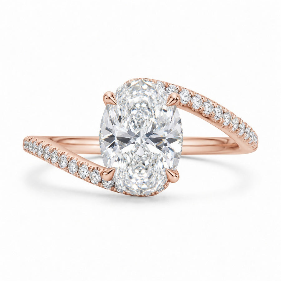 3.00 CT Oval Lab-Grown Diamond Hidden Halo Engagement Ring in 14K White Gold – Twisted Bypass Pavé Design | IGI Certified