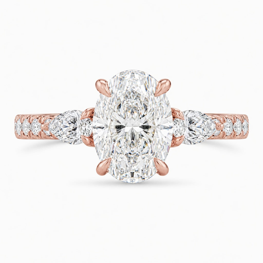 3.00 CT Oval Lab-Grown Diamond Three-Stone Engagement Ring in 14K White Gold – Pear Side Stone Pavé Trilogy Design