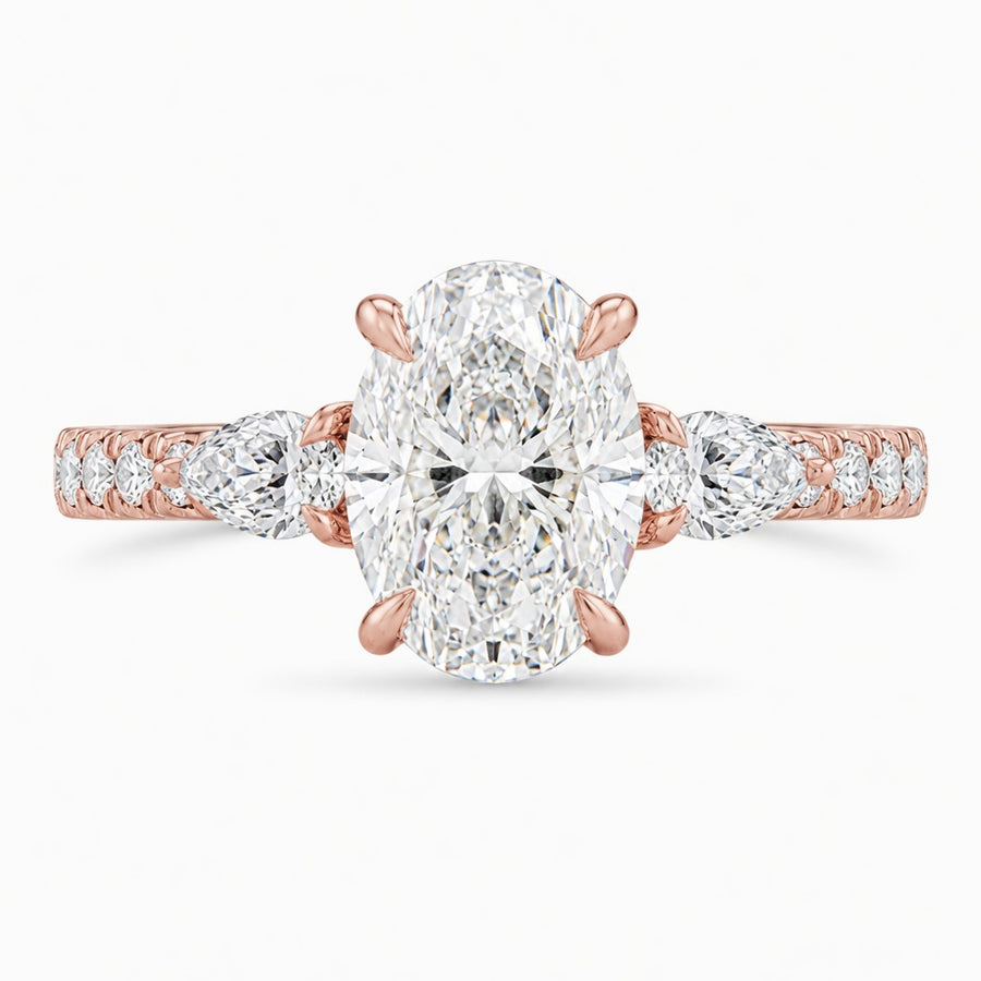 3.00 CT Oval Lab-Grown Diamond Three-Stone Engagement Ring in 14K White Gold – Pear Side Stone Pavé Trilogy Design