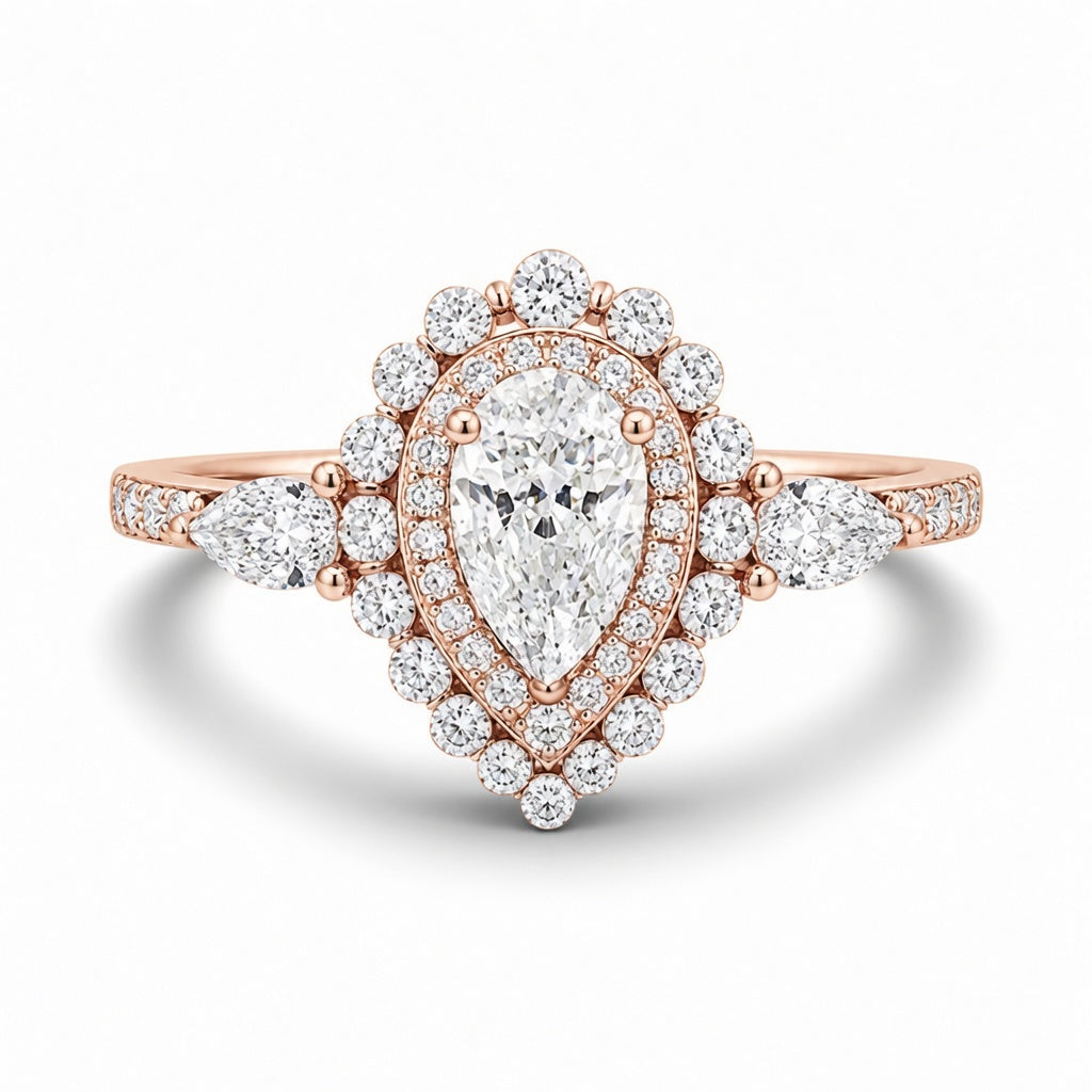 3.00 CT Pear Cut Lab-Grown Diamond Double Halo Engagement Ring in 14K White Gold – Teardrop Bridal Design with Side Stones