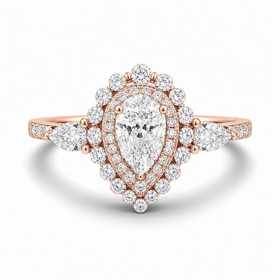3.00 CT Pear Cut Lab-Grown Diamond Double Halo Engagement Ring in 14K White Gold – Teardrop Bridal Design with Side Stones