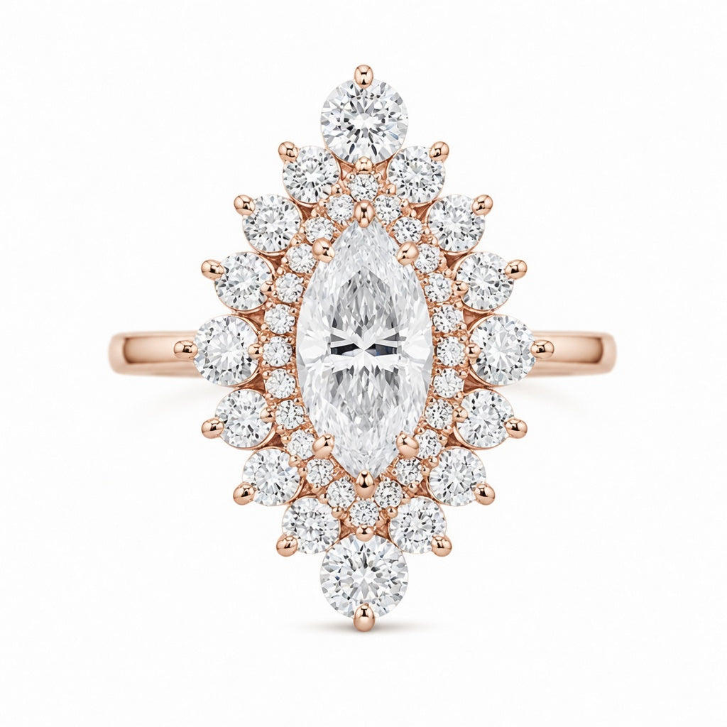 1.68 CT Marquise Cut Lab-Grown Diamond Double Halo Engagement Ring in 14K White Gold – Cathedral Shank Bridal Design