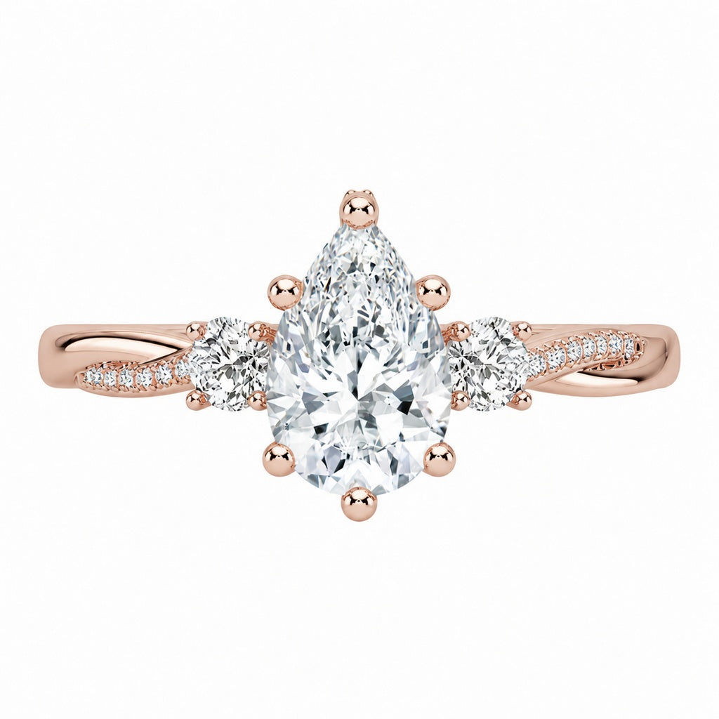 3.00 CT Pear Lab-Grown Diamond Hidden Halo Three Stone Engagement Ring in 14K White Gold – Petite Twisted Vine Design